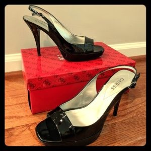 Black Patent Open Toe High Heels from Guess